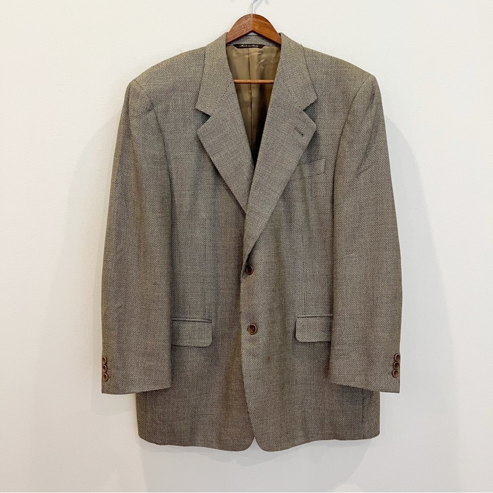 Canali Sport Coat Blazer Mens 54R 44R Brown Silk Wool Micro Check Suit Jacket